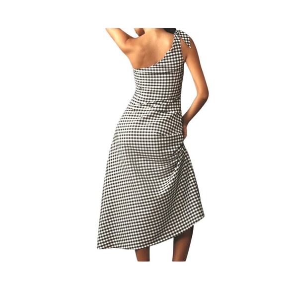 Anthropologie Womens One Shoulder Gingham Spring Midi Dress Size Small - Picture 7 of 11